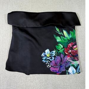 Anthropologie Women Med Black Satin Strapless Floral Party Top Elegant